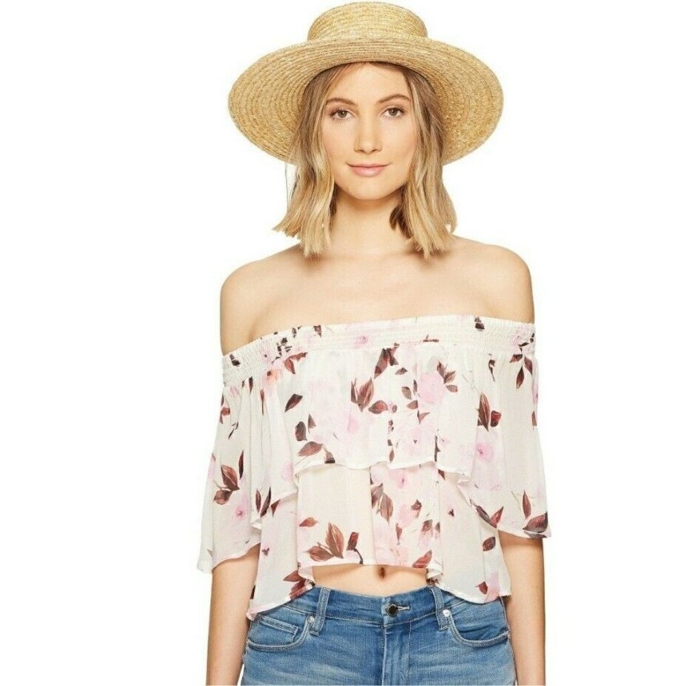 New Flynn Skye Athens Off Shoulder Top Womens Small Scattered Roses Blouse Pink